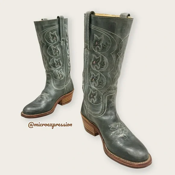 VINTAGE 1980 Frye Austin Campus Green-Blue Leather Floral Embroider Cowboy Boot - Picture 15 of 16